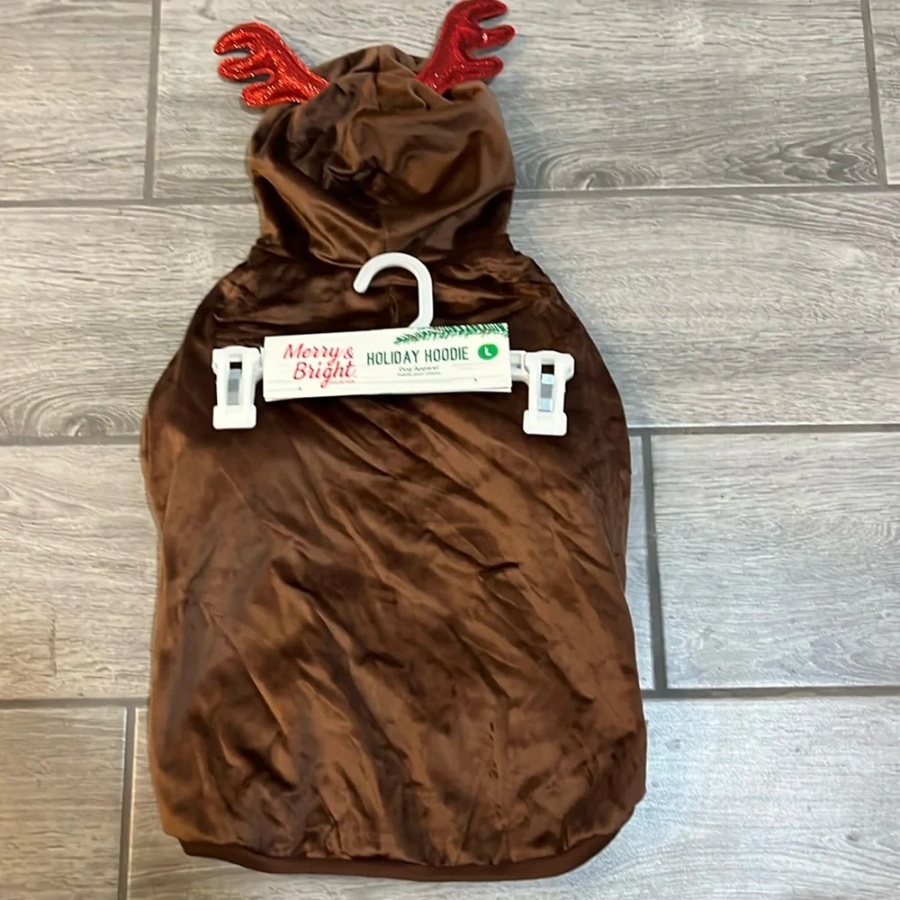 Dog Hoodie Merry & Bright reindeer with red antlers size L NEW!